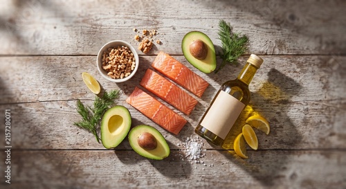 Healthy keto diet and omega 3 nutrition concept with fresh salmon fillets, avocados, walnuts, and olive oil on wooden background