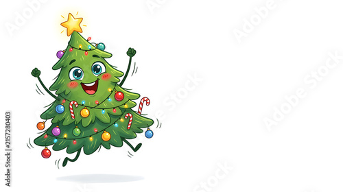 An incredibly excited cartoon Christmas tree jumping with joy, giant sparkling eyes, enormous happy smile, rosy cheeks, tiny arms raised in celebration, colorful ornaments bouncing playfully, glowing 
