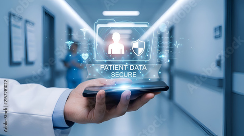 Doctor holding digital healthcare futuristic interface for patient data secure access in hospital corridor