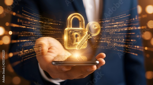 Business professional holding digital security lock with data protection hologram and network connections