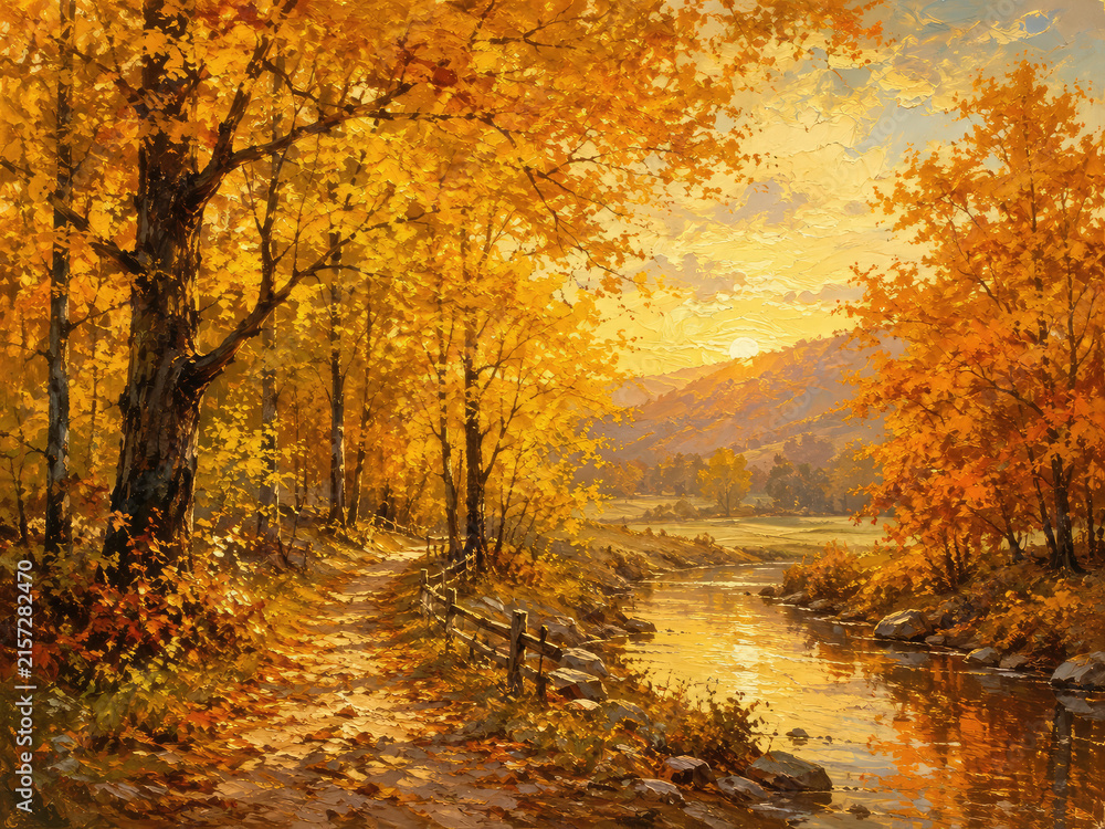 Fototapeta premium Golden Autumn Forest Landscape with River and Mountain Sunset