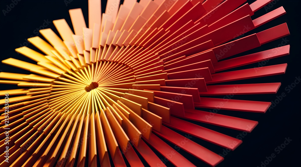 Obraz premium Abstract red and orange radial geometric structure with dynamic 3d rectangular blocks for modern background design.