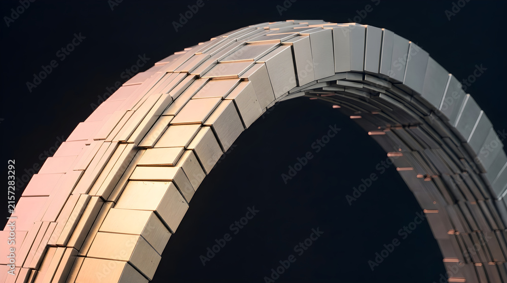 Fototapeta premium metallic archway structure constructed from geometric blocks with gradient lighting for modern architectural concepts.