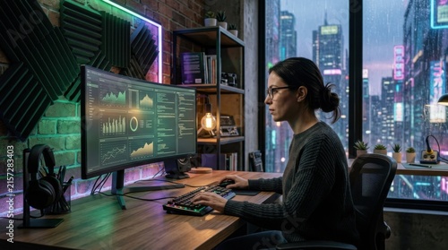 Focused Woman Working On Complex Data Analytics In A Futuristic Cyberpunk Office