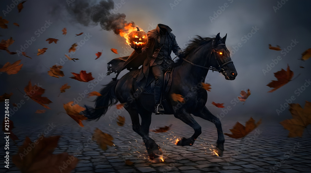Fototapeta premium Headless horseman riding through falling autumn leaves at night.