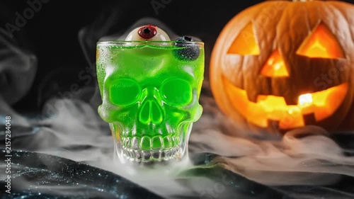Spooky Halloween Skull Cocktail and Glowing Pumpkin with Smoke