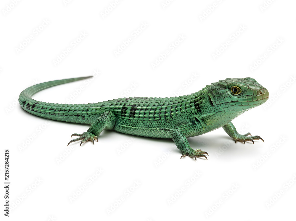Fototapeta premium Green Mexican alligator lizard basking on white isolated background for wildlife design projects