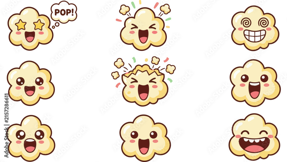 Obraz premium Cute popcorn kernel characters with happy expressions and popping concept for stickers