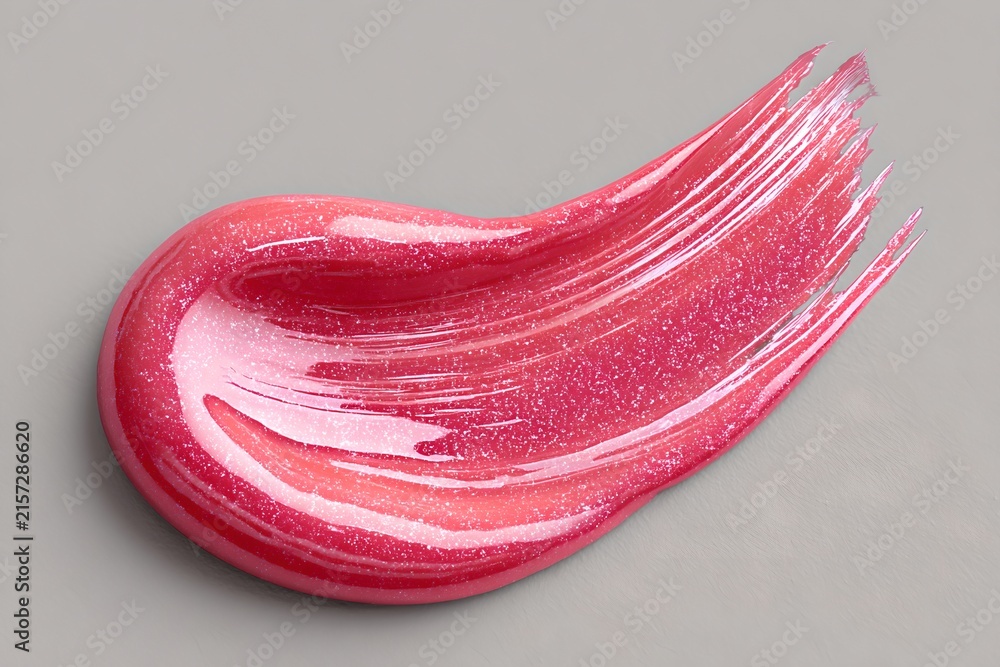 Fototapeta premium A vibrant pink lip gloss swatch with subtle glitter shimmer, creating a smooth, flowing texture against a neutral background