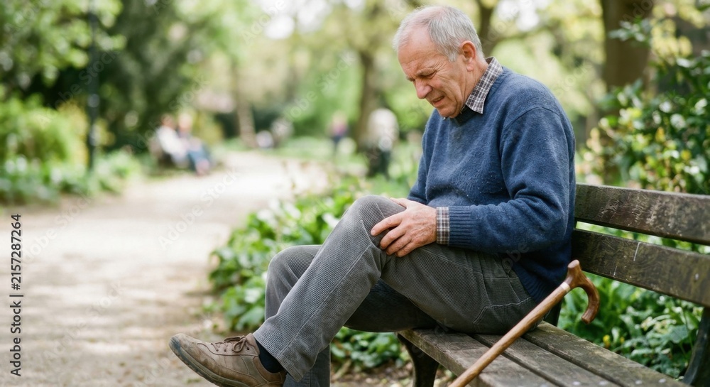 Fototapeta premium Elderly Man Experiencing Knee Pain While Sitting On Park Bench With Cane