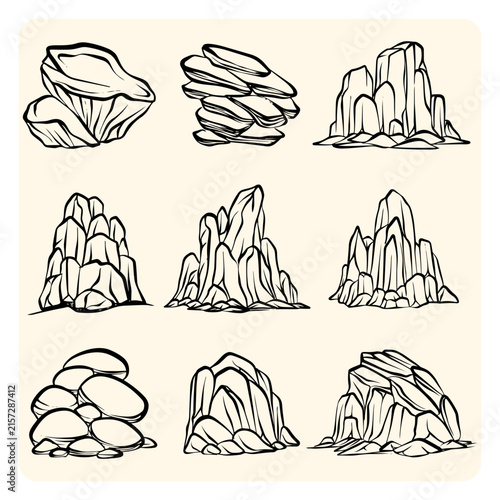 Rock Formations and Mountain Stones Line Art Set