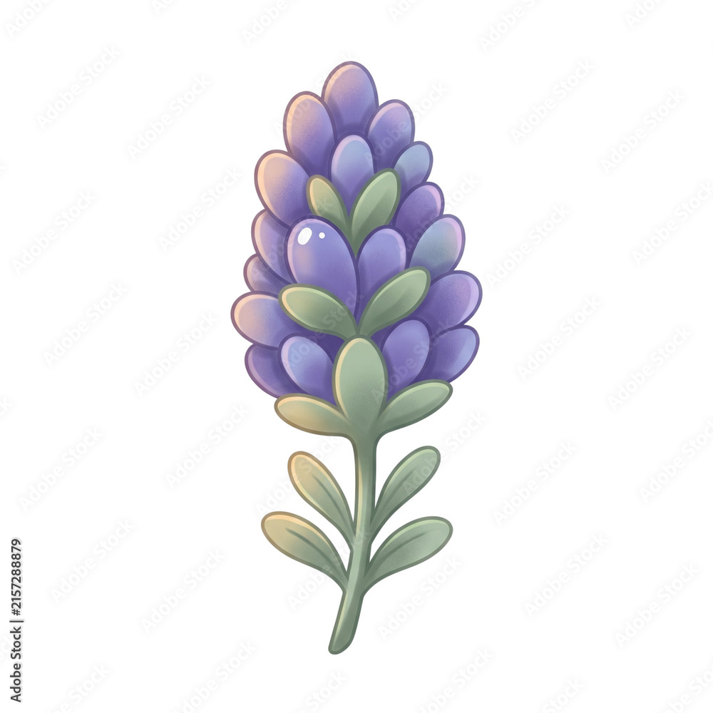 Obraz premium Cute cartoon cute lavender character with a happy face, flat vector kawaii botanical mascot isolated on a white background
