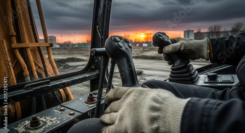 Construction Operator Hands Controlling Excavator Joy Stick At Dramatic Sunset