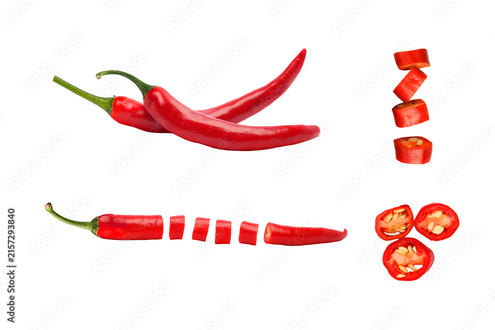 Fototapeta premium Red hot chili peppers set with slices on transparent background png 