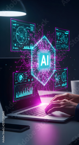 Professional Hands Typing on Laptop with Holographic Artificial Intelligence