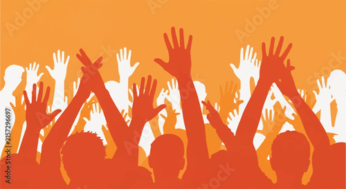 Stylized silhouettes of cheering fans' hands raised in unison, celebrating a goal, vibrant orange and white color scheme, energetic atmosphere, minimalist flat vector artwork, clipart style,