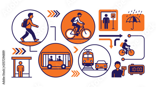 Urban Mobility Icons: Walking, Cycling, Public Transport, Car