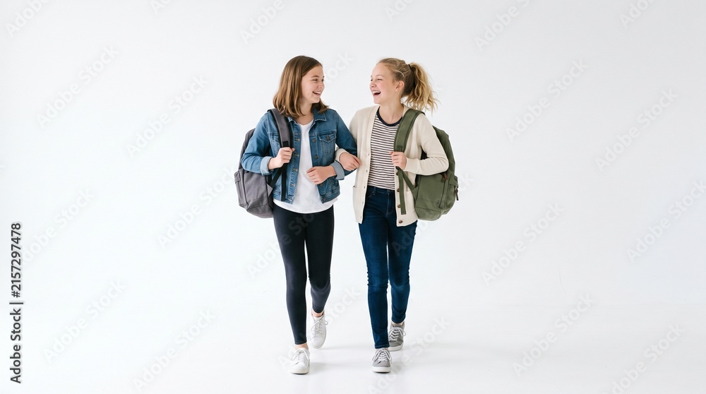 Fototapeta premium Two happy young girls walking with backpacks on white background