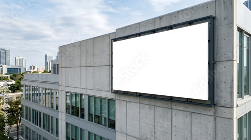 Blank horizontal billboard mockup on modern concrete building exterior.