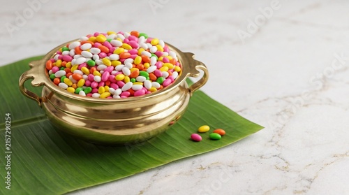 Colorful sugar coated fennel seeds mukhwas in a traditional brass bowl on a fresh banana leaf with copy space on white marble background