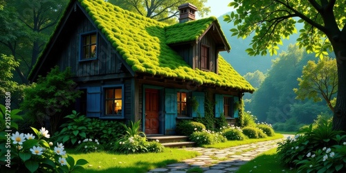 Serene Cottage nestled in a verdant forest landscape, showcasing a moss-covered roof and a charming stone pathway