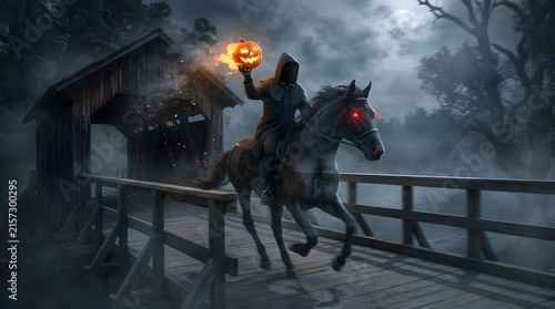 Headless horseman crossing wooden bridge at night