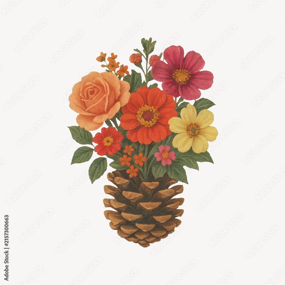 Fototapeta premium Floral bouquet pinecone illustration