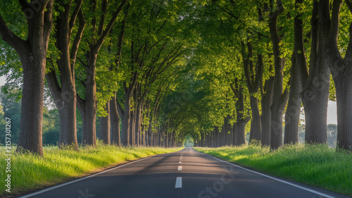 Asphalt Road Passing Through Tunnel of Large Green Trees