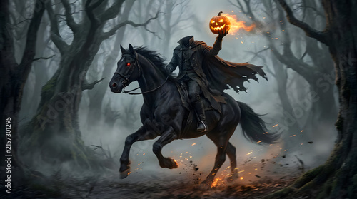 Headless horseman on black stallion in foggy forest