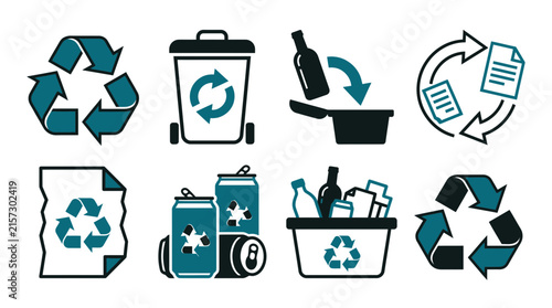 Recycling Icons Set: Trash Can, Bottles, Paper, Cans, Bin