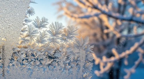 Intricate frosty ice crystals bloom across a glass pane, framed by frozen tree branches glowing in the soft golden light of a cold dawn, twig, detailed, ethereal