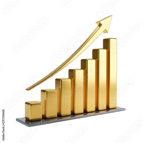 Photography Golden 3D bar chart with upward arrow representing financial growth success and