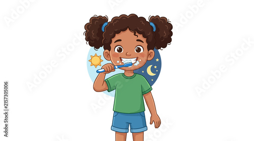 Child brushing teeth, day and night concept