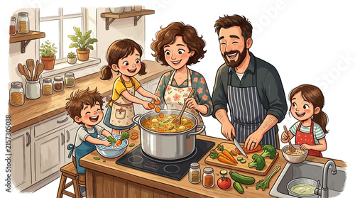 Family Cooking Together in Kitchen