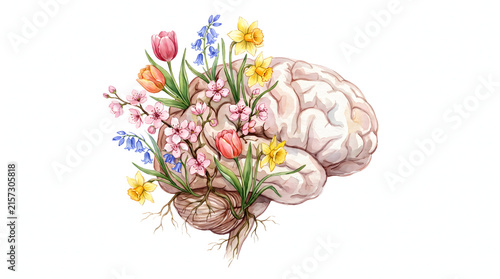 Watercolor human brain blooming with colorful flowers representing mental growth and health