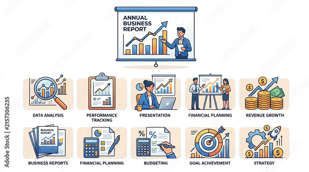 Fototapeta premium Business Growth and Strategy Icons: Report, Analysis, Planning, Budgeting, Revenue, Goal