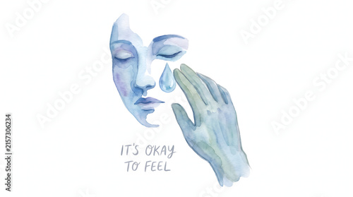Watercolor illustration of a sad face with teardrop and hand for mental health awareness concept