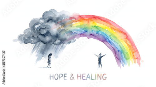 Watercolor illustration of mental health recovery showing journey from depression to hope and hea...