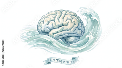 Artistic watercolor brain illustration with ocean waves symbolizing calm mind and emotional peace