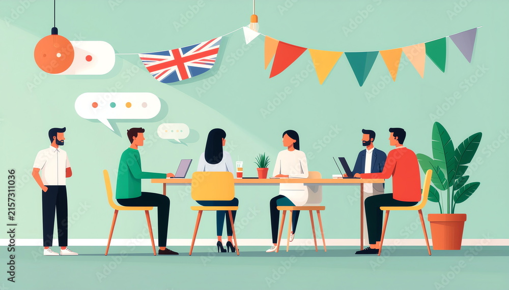Fototapeta premium Flat Vector Illustration of People at an English Language Speaking Club and International Business Networking Event