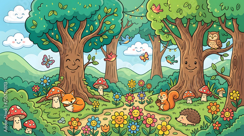 Colorful cartoon forest with happy woodland creatures