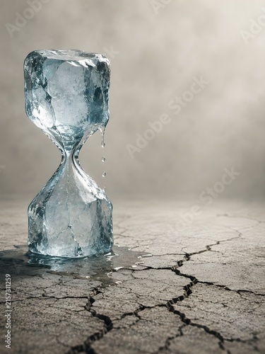 Ice hourglass melting on cracked earth climate change global warming concept
