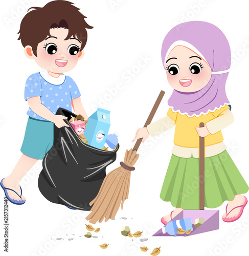 Boy and Girl Picking Up Trash Together
