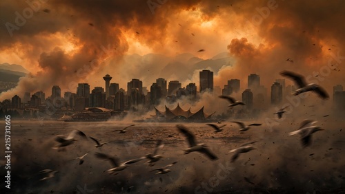 Thick orange wildfire smoke engulfing the Vancouver city skyline with a flock of flying seagulls over the harbor during an extreme air pollution and climate change event