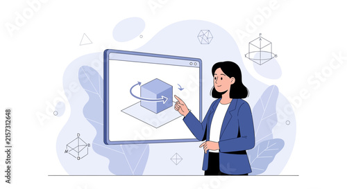 Woman interacts with 3D cube simulation on digital display, representing innovation, technology, and virtual reality concepts
