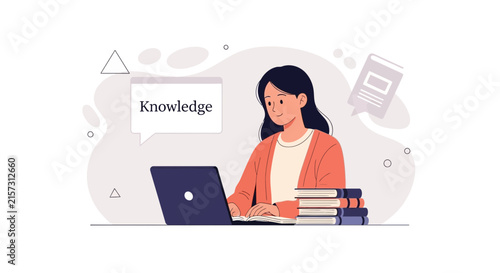 Woman learning knowledge online with laptop and books, vector illustration