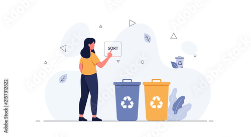 Woman Sorting Waste into Recycling Bins, Promoting Environmental Responsibility