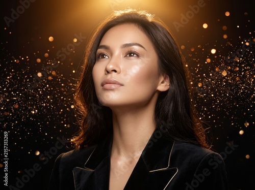 Beautiful woman looking upward into warm golden light