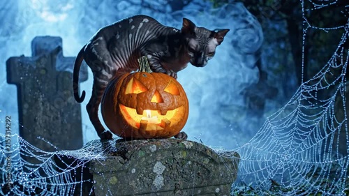 Spooky Sphinx Cat on Jack o Lantern Tombstone with Cobwebs Halloween