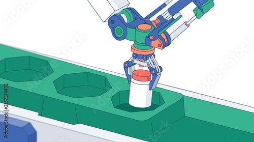 Robotic Arm Assembling Cylindrical Packages on Conveyor Belt. Industrial Automation and Manufacturing Technology Concept.